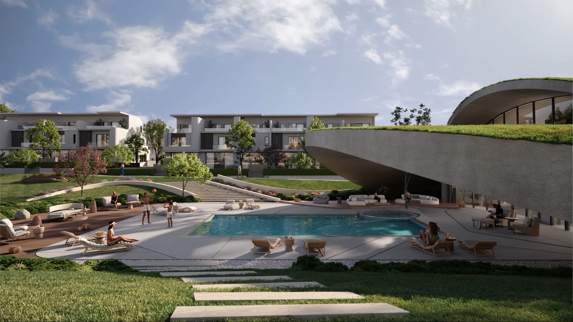 Architectural render of the Kukūn clubhouse with green roof and pool terrace