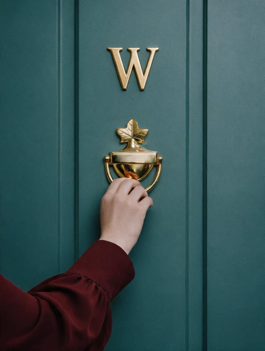 Hand lifting the brass knocker of a residence door