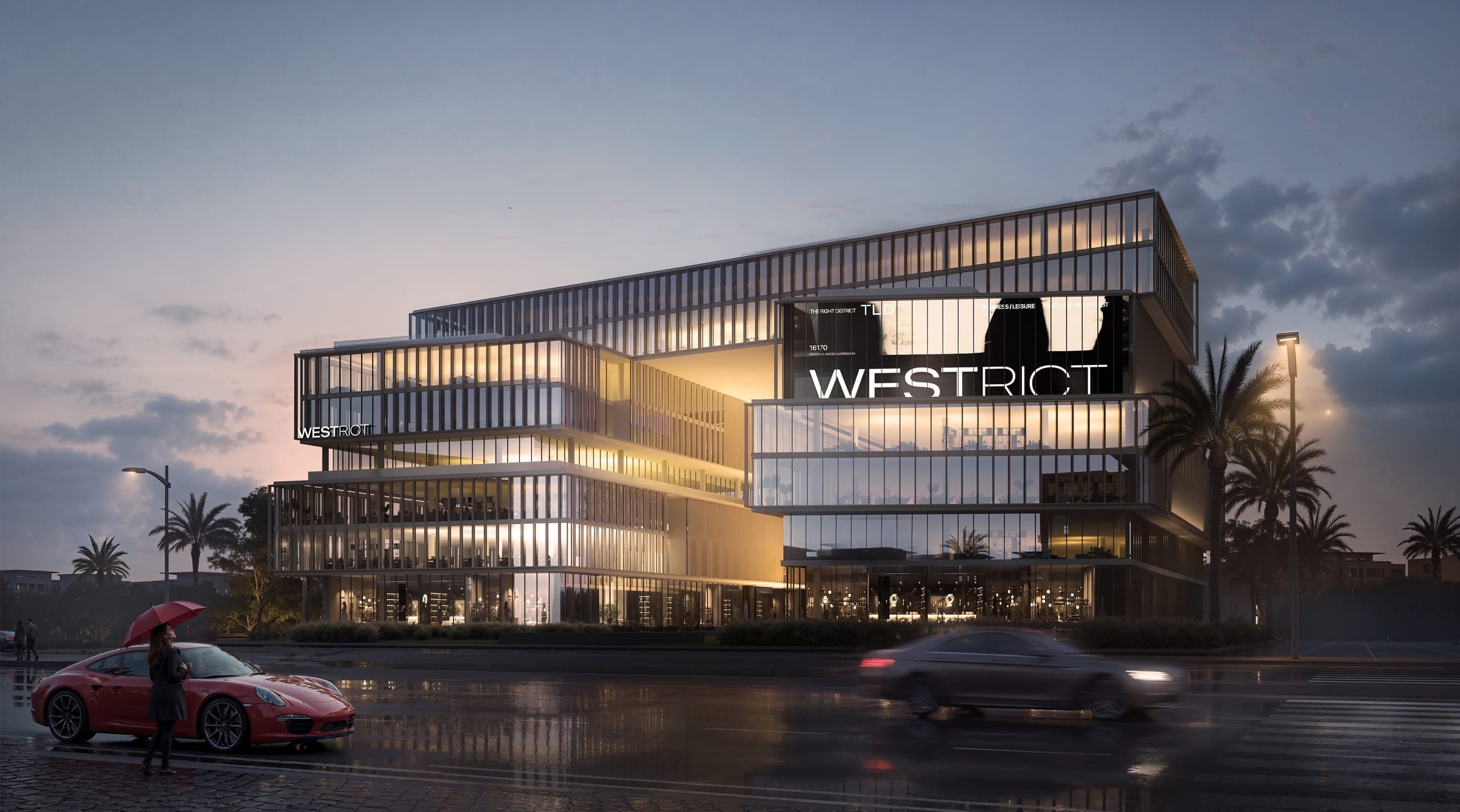 Westrict mixed-use destination on the Cairo–Alexandria Desert Road at dusk